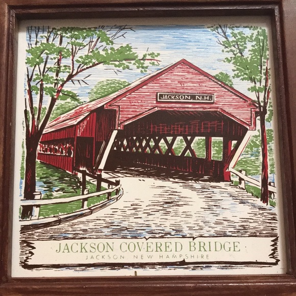 Vintage Porcelain Covered Bridge Tile/Trivet with Wood Frame - Picture 3 of 3